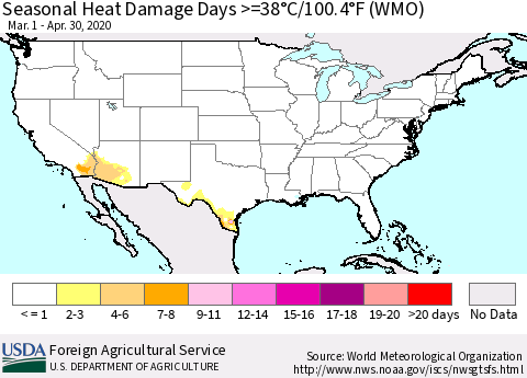 United States Seasonal Heat Damage Days >=38°C/100°F (WMO) Thematic Map For 3/1/2020 - 4/30/2020
