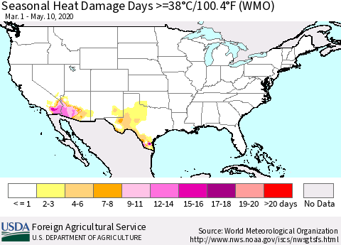 United States Seasonal Heat Damage Days >=38°C/100°F (WMO) Thematic Map For 3/1/2020 - 5/10/2020
