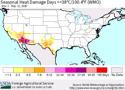 United States Seasonal Heat Damage Days >=38°C/100°F (WMO) Thematic Map For 3/1/2020 - 5/31/2020