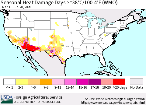 United States Seasonal Heat Damage Days >=38°C/100°F (WMO) Thematic Map For 3/1/2020 - 6/20/2020