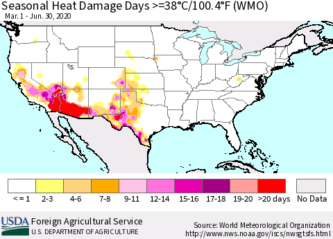 United States Seasonal Heat Damage Days >=38°C/100°F (WMO) Thematic Map For 3/1/2020 - 6/30/2020