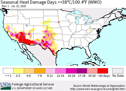 United States Seasonal Heat Damage Days >=38°C/100.4°F (WMO) Thematic Map For 3/1/2020 - 7/10/2020