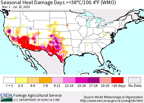 United States Seasonal Heat Damage Days >=38°C/100.4°F (WMO) Thematic Map For 3/1/2020 - 7/20/2020