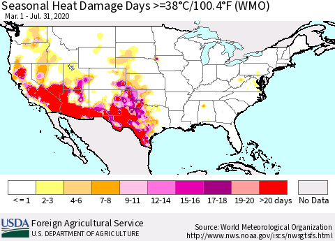 United States Seasonal Heat Damage Days >=38°C/100°F (WMO) Thematic Map For 3/1/2020 - 7/31/2020