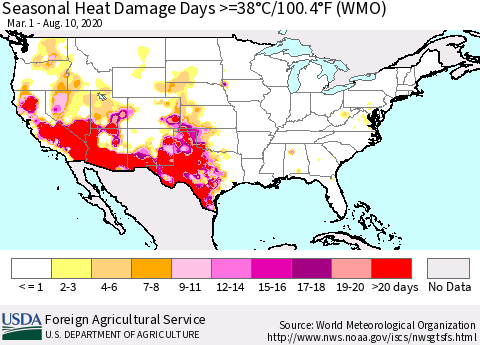 United States Seasonal Heat Damage Days >=38°C/100°F (WMO) Thematic Map For 3/1/2020 - 8/10/2020
