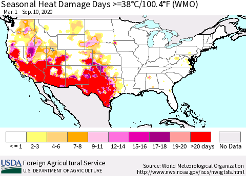 United States Seasonal Heat Damage Days >=38°C/100.4°F (WMO) Thematic Map For 3/1/2020 - 9/10/2020