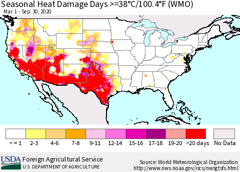 United States Seasonal Heat Damage Days >=38°C/100°F (WMO) Thematic Map For 3/1/2020 - 9/30/2020