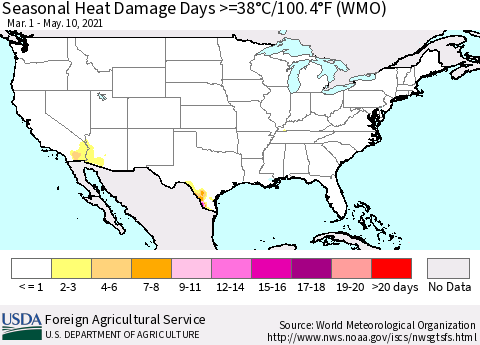 United States Seasonal Heat Damage Days >=38°C/100.4°F (WMO) Thematic Map For 3/1/2021 - 5/10/2021