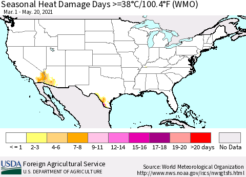 United States Seasonal Heat Damage Days >=38°C/100°F (WMO) Thematic Map For 3/1/2021 - 5/20/2021