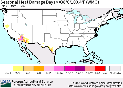 United States Seasonal Heat Damage Days >=38°C/100.4°F (WMO) Thematic Map For 3/1/2021 - 5/31/2021