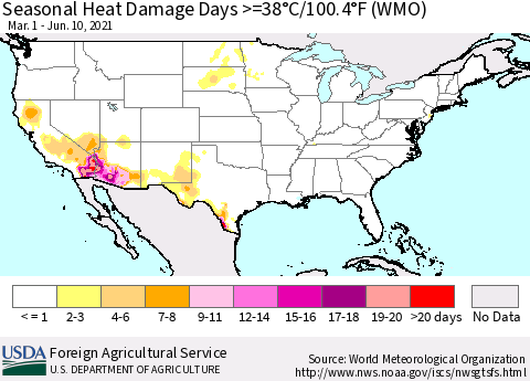 United States Seasonal Heat Damage Days >=38°C/100°F (WMO) Thematic Map For 3/1/2021 - 6/10/2021