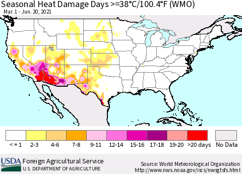 United States Seasonal Heat Damage Days >=38°C/100.4°F (WMO) Thematic Map For 3/1/2021 - 6/20/2021