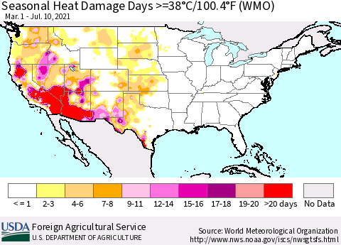 United States Seasonal Heat Damage Days >=38°C/100°F (WMO) Thematic Map For 3/1/2021 - 7/10/2021