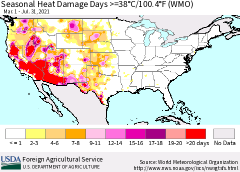United States Seasonal Heat Damage Days >=38°C/100°F (WMO) Thematic Map For 3/1/2021 - 7/31/2021