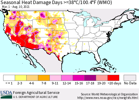United States Seasonal Heat Damage Days >=38°C/100°F (WMO) Thematic Map For 3/1/2021 - 8/10/2021