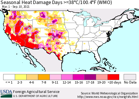 United States Seasonal Heat Damage Days >=38°C/100°F (WMO) Thematic Map For 3/1/2021 - 9/10/2021