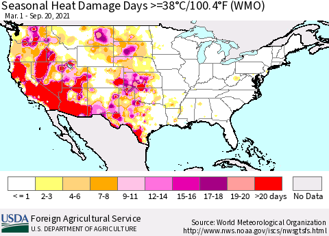 United States Seasonal Heat Damage Days >=38°C/100.4°F (WMO) Thematic Map For 3/1/2021 - 9/20/2021