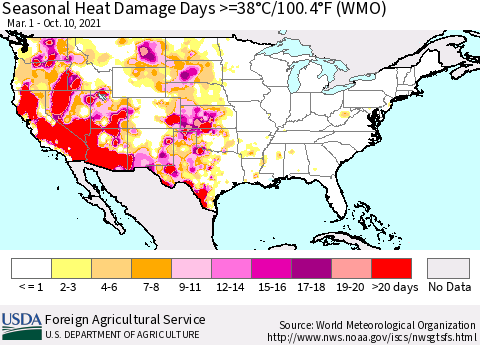 United States Seasonal Heat Damage Days >=38°C/100.4°F (WMO) Thematic Map For 3/1/2021 - 10/10/2021