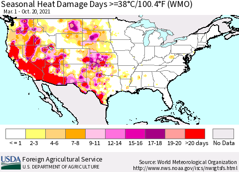 United States Seasonal Heat Damage Days >=38°C/100.4°F (WMO) Thematic Map For 3/1/2021 - 10/20/2021