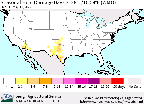 United States Seasonal Heat Damage Days >=38°C/100°F (WMO) Thematic Map For 3/1/2022 - 5/10/2022