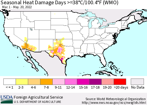 United States Seasonal Heat Damage Days >=38°C/100°F (WMO) Thematic Map For 3/1/2022 - 5/20/2022