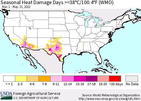 United States Seasonal Heat Damage Days >=38°C/100°F (WMO) Thematic Map For 3/1/2022 - 5/31/2022