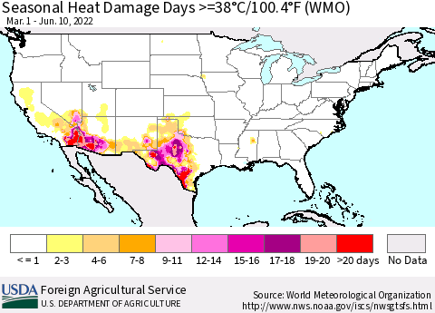 United States Seasonal Heat Damage Days >=38°C/100°F (WMO) Thematic Map For 3/1/2022 - 6/10/2022