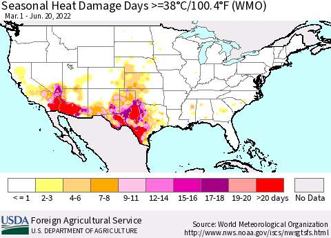 United States Seasonal Heat Damage Days >=38°C/100°F (WMO) Thematic Map For 3/1/2022 - 6/20/2022