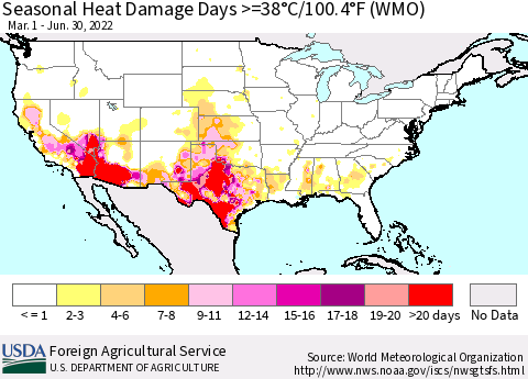 United States Seasonal Heat Damage Days >=38°C/100°F (WMO) Thematic Map For 3/1/2022 - 6/30/2022