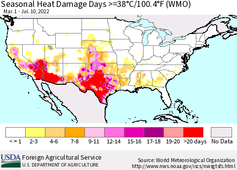 United States Seasonal Heat Damage Days >=38°C/100°F (WMO) Thematic Map For 3/1/2022 - 7/10/2022