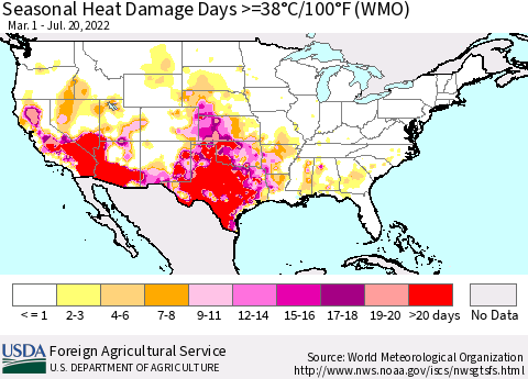 United States Seasonal Heat Damage Days >=38°C/100°F (WMO) Thematic Map For 3/1/2022 - 7/20/2022