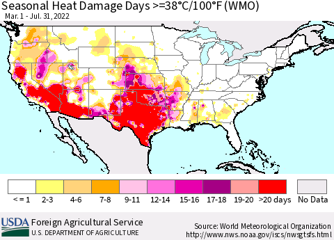 United States Seasonal Heat Damage Days >=38°C/100°F (WMO) Thematic Map For 3/1/2022 - 7/31/2022