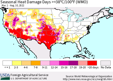 United States Seasonal Heat Damage Days >=38°C/100°F (WMO) Thematic Map For 3/1/2022 - 8/10/2022