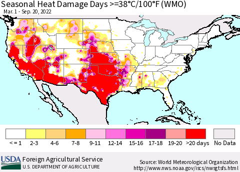 United States Seasonal Heat Damage Days >=38°C/100°F (WMO) Thematic Map For 3/1/2022 - 9/20/2022