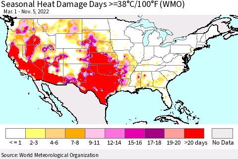 United States Seasonal Heat Damage Days >=38°C/100°F (WMO) Thematic Map For 3/1/2022 - 11/5/2022