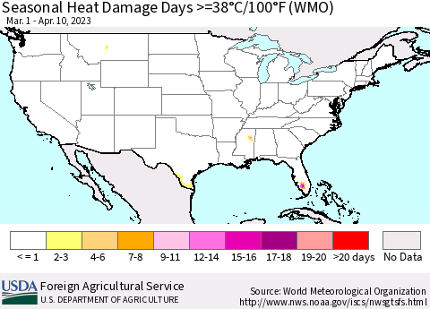 United States Seasonal Heat Damage Days >=38°C/100°F (WMO) Thematic Map For 3/1/2023 - 4/10/2023