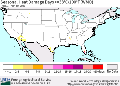United States Seasonal Heat Damage Days >=38°C/100°F (WMO) Thematic Map For 3/1/2023 - 4/30/2023