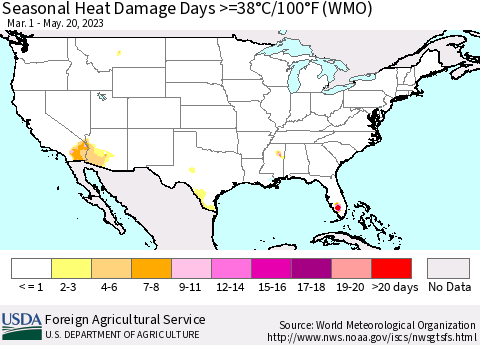 United States Seasonal Heat Damage Days >=38°C/100°F (WMO) Thematic Map For 3/1/2023 - 5/20/2023