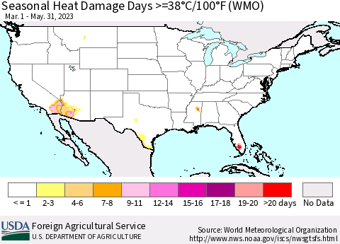 United States Seasonal Heat Damage Days >=38°C/100°F (WMO) Thematic Map For 3/1/2023 - 5/31/2023