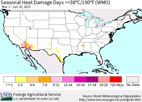 United States Seasonal Heat Damage Days >=38°C/100°F (WMO) Thematic Map For 3/1/2023 - 6/10/2023