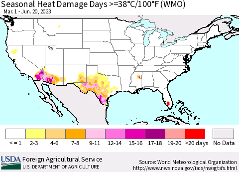 United States Seasonal Heat Damage Days >=38°C/100°F (WMO) Thematic Map For 3/1/2023 - 6/20/2023