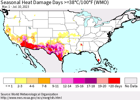 United States Seasonal Heat Damage Days >=38°C/100°F (WMO) Thematic Map For 3/1/2023 - 7/10/2023