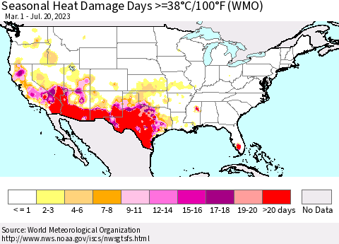 United States Seasonal Heat Damage Days >=38°C/100°F (WMO) Thematic Map For 3/1/2023 - 7/20/2023