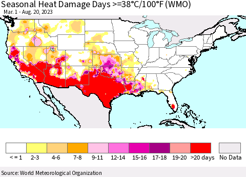 United States Seasonal Heat Damage Days >=38°C/100°F (WMO) Thematic Map For 3/1/2023 - 8/20/2023