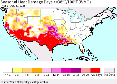 United States Seasonal Heat Damage Days >=38°C/100°F (WMO) Thematic Map For 3/1/2023 - 8/31/2023