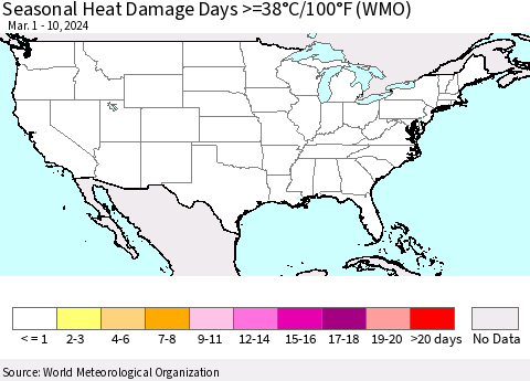 United States Seasonal Heat Damage Days >=38°C/100°F (WMO) Thematic Map For 3/1/2024 - 3/10/2024