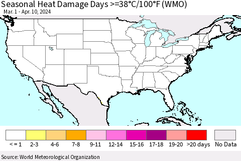United States Seasonal Heat Damage Days >=38°C/100°F (WMO) Thematic Map For 3/1/2024 - 4/10/2024