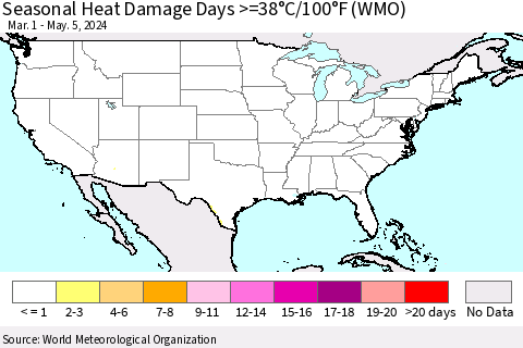 United States Seasonal Heat Damage Days >=38°C/100°F (WMO) Thematic Map For 3/1/2024 - 5/5/2024