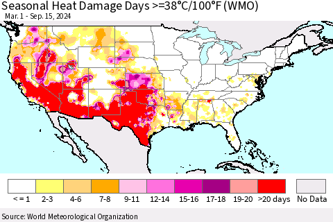 United States Seasonal Heat Damage Days >=38°C/100°F (WMO) Thematic Map For 3/1/2024 - 9/15/2024