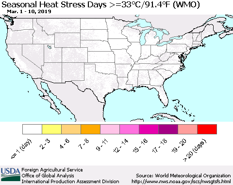 United States Seasonal Heat Stress Days >=35°C/95°F (WMO) Thematic Map For 3/1/2019 - 3/10/2019